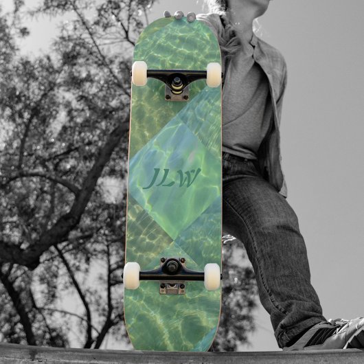 Aquamarine Seafoam Water Patchwork met Initialen Persoonlijk Skateboard