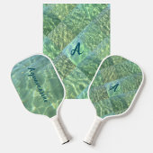 Aquamarine Seafoam Water Patchwork Monogram Pickleball Paddle