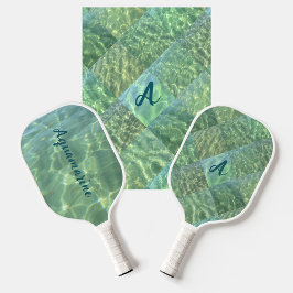 Aquamarine Seafoam Water Patchwork Monogram Pickleball Paddle