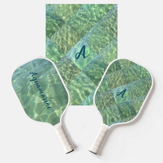 Aquamarine Seafoam Water Patchwork Monogram Pickleball Paddle