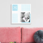 Aquamarine Voeg uw foto toe Gingham Modern Monogra Canvas Afdruk (Insitu (Woonkamer))
