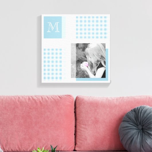 Aquamarine Voeg uw foto toe Gingham Modern Monogra Canvas Afdruk (Insitu (Woonkamer))