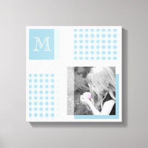 Aquamarine Voeg uw foto toe Gingham Modern Monogra Canvas Afdruk