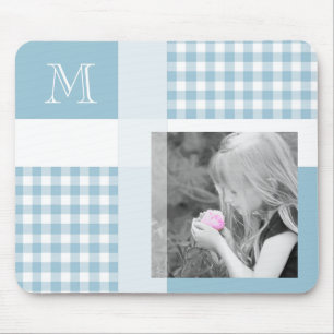 Aquamarine Voeg uw foto toe Gingham Modern Monogra Muismat