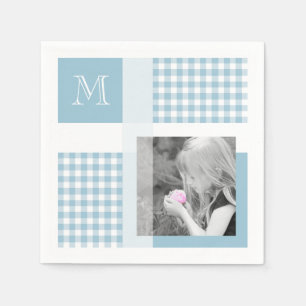Aquamarine Voeg uw foto toe Gingham Modern Monogra Servet