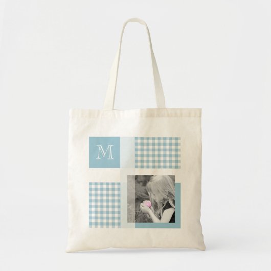 Aquamarine Voeg uw foto toe Gingham Modern Monogra Tote Bag (Voorkant)
