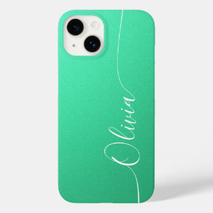 Aquamarine White Elegant Calligraphy Script Name Case-Mate iPhone 14 Hoesje