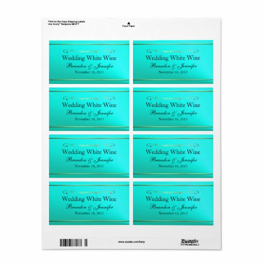 Aquamrine & Goud Aangepaste Bruiloft Mini Wijn Lab Etiket (Full Sheet)