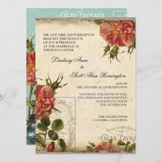 Aquan Cream Eiffeltoren Roos Bruiloft Kaart (Voorkant / Achterkant)