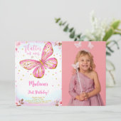 Aquarel 1e verjaardag vlinder foto uitnodiging (Staand voorkant)