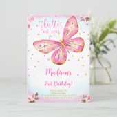 Aquarel 1e verjaardag vlinder uitnodiging (Staand voorkant)