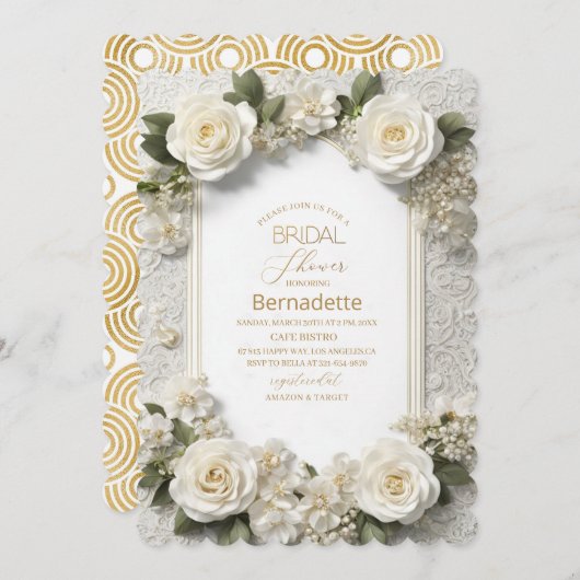 Aquarel 3D witte bloemen goud Bruidsdouche Kaart (Voorkant / Achterkant)