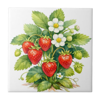 Aquarel aardbeien en bloesem tegeltje