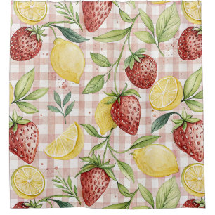 Aquarel aardbeien en citroenen op roze ruit douchegordijn