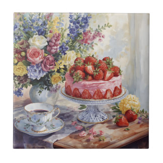 Aquarel Aardbeientaart en Bloemen Stilleven  Tegeltje
