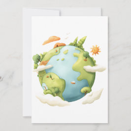 Aquarel Aarde- Cartoon Aarde met Natuur Elementen Kaart