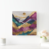 Aquarel Abstract Landschapschilderij Goud Vierkante Klok (Huis)