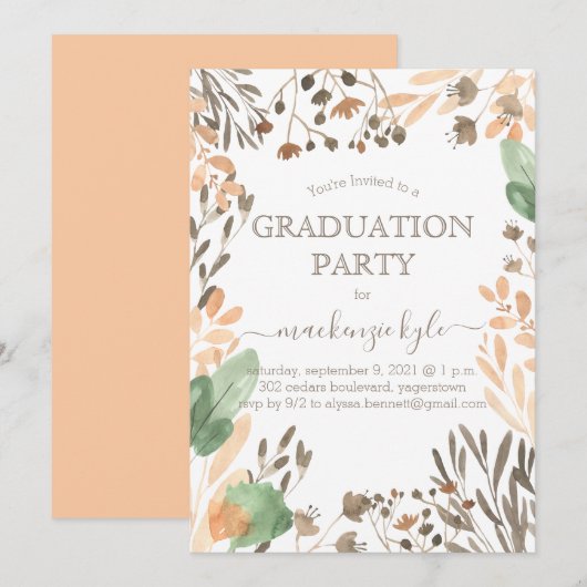 Aquarel Afstudeerfeest Boho Groene Uitnodiging (Voorkant / Achterkant)