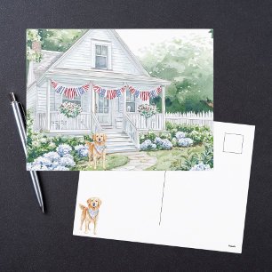 Aquarel Americana Patriottische Landelijke Cottage Feestdagenkaart