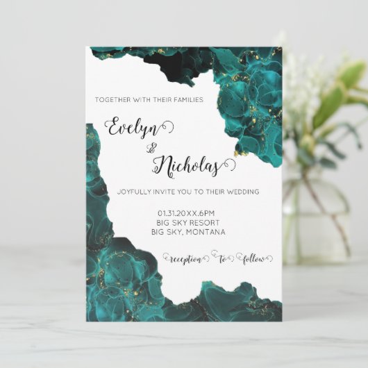 Aquarel Anastasia Zwart & Groen Uitnodiging (Staand voorkant)