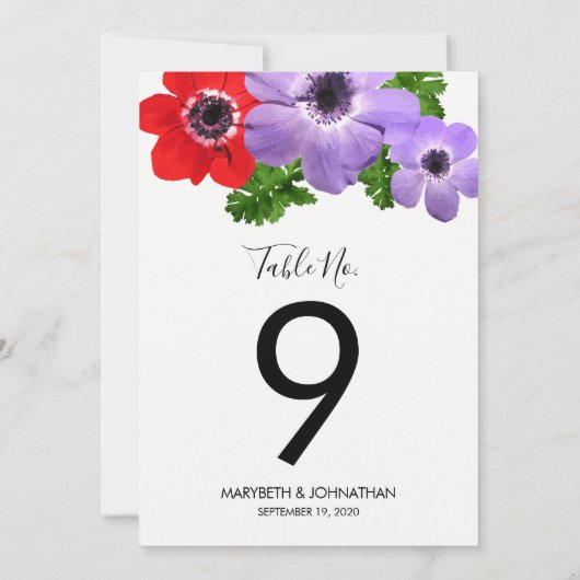 Aquarel Anemoon Bloem Tafel Nummerkaart Kaart (Achterkant)