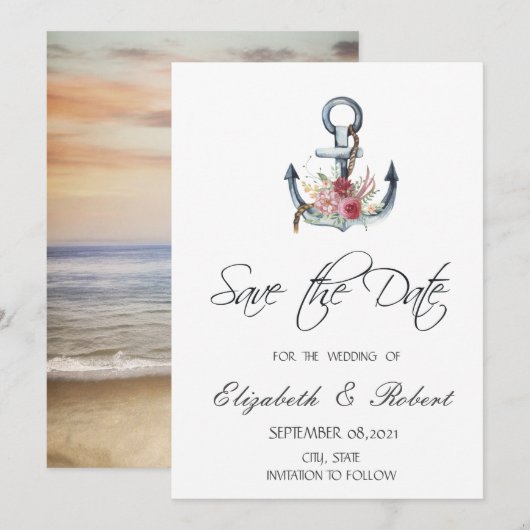 Aquarel Anker Bloemen Nautilus Bewaar de Datum Save The Date (Voorkant / Achterkant)