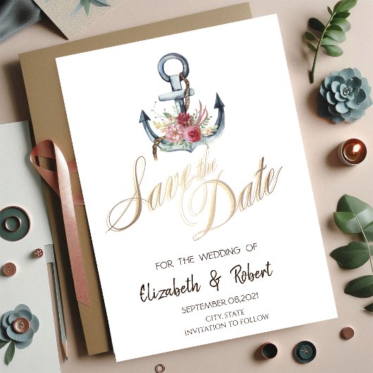 Aquarel Anker Bloemen Nautilus Bewaar de Datum Save The Date