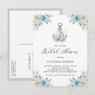 Aquarel Anker en Blauwe Bloemen Bruidsdiner Uitnodiging Briefkaart