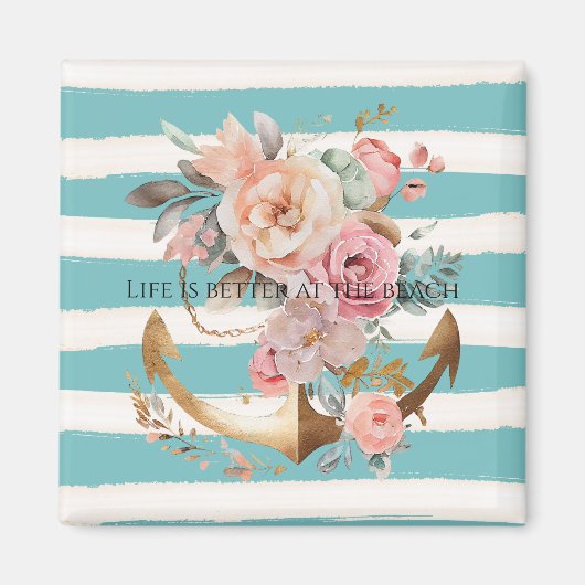 Aquarel Aqua Beach Strepen Bloemen Anker Magneet (Voorkant)