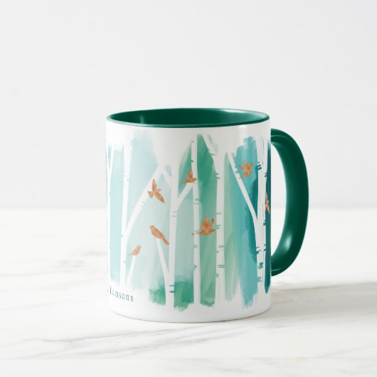 Aquarel Aqua Wash Berkenbomen & Gouden Duiven Mok (Voorkant rechts)