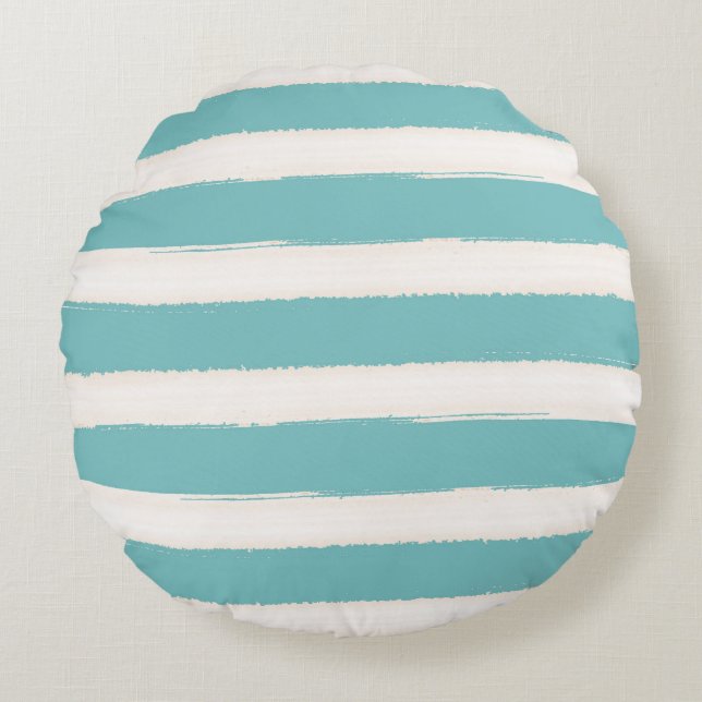 Aquarel Aqua White Beach Stripes Rond Kussen (Voorkant)