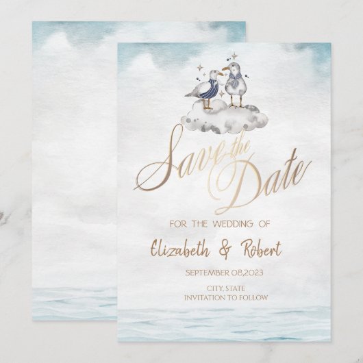 Aquarel Aquarel Zeemeeuwen Strand Save The Date (Voorkant / Achterkant)