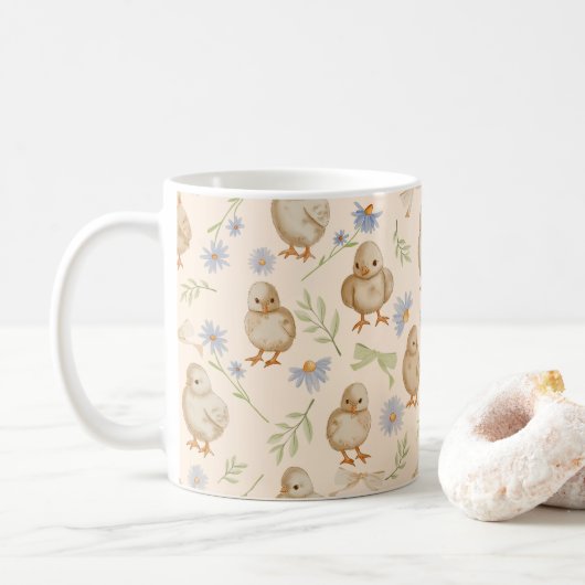 Aquarel Baby Chicks Bloempatroon - Cream Koffiemok (Met donut)
