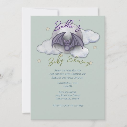 Aquarel Baby Vleermuis Baby Shower Uitnodiging (Voorkant)