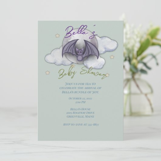 Aquarel Baby Vleermuis Baby Shower Uitnodiging (Staand voorkant)