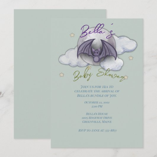 Aquarel Baby Vleermuis Baby Shower Uitnodiging (Voorkant / Achterkant)