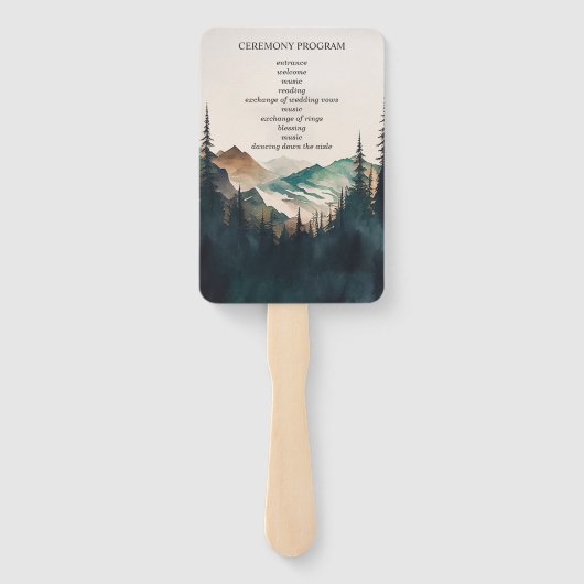 Aquarel Berg Dennenbos Bruiloftsprogramma Handwaaier (Achterkant)