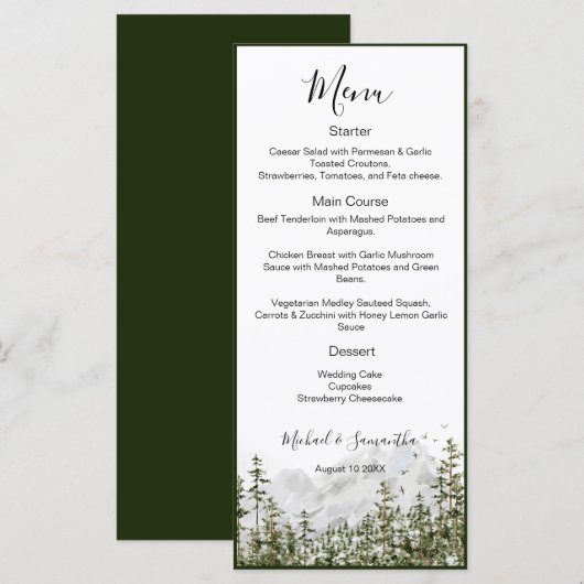 Aquarel Bergbos Landelijke Bruiloft Menu (Voorkant / Achterkant)