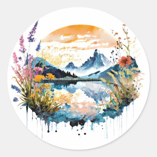Aquarel berglandschap ronde sticker (Voorkant)