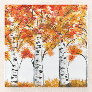 Aquarel Berken Bomen Herfst Oranje Bladeren Glazen Onderzetter