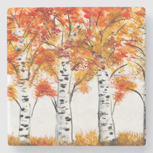 Aquarel Berken Bomen Herfst Oranje Bladeren Stenen Onderzetter