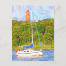 Aquarel Berlijn. Grunewald toren en boot Havel