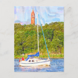 Aquarel Berlijn. Grunewald toren en boot Havel Briefkaart