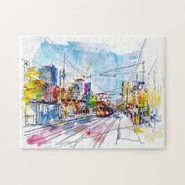 Aquarel Berlijn Mitte Tram Kleurrijke Gevels Legpuzzel