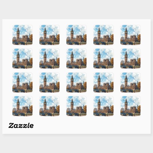 Aquarel Big Ben Westminster Palace Londen Vierkante Sticker (Vel)