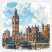 Aquarel Big Ben Westminster Palace Londen Vierkante Sticker (Voorkant)