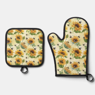 Aquarel Bijen en Zonnebloemen Geel Ovenwant & Pannenlap Set