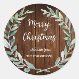 Aquarel bladeren roestig hout Prettig Kerstfeest Ronde Sticker