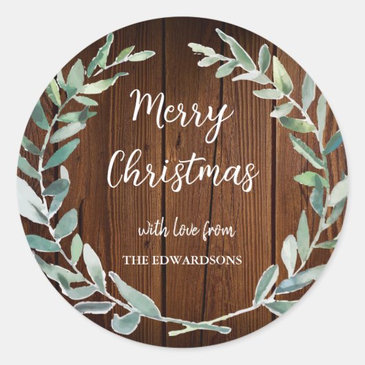 Aquarel bladeren roestig hout Prettig Kerstfeest Ronde Sticker (Voorkant)