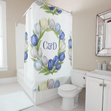 Aquarel Blau Krans met Tulp en Monogram Badkamer